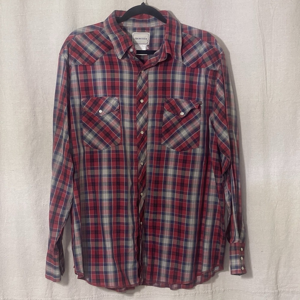 Frontier Red & Blue Plaid Pearl Snap Shirt Men's Size XL‎ Western Street Wear